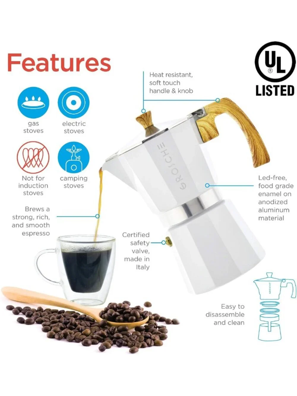 Stovetop Espresso Maker - 3 Cup Moka Pot, White Coffee Brewer for Home Barista